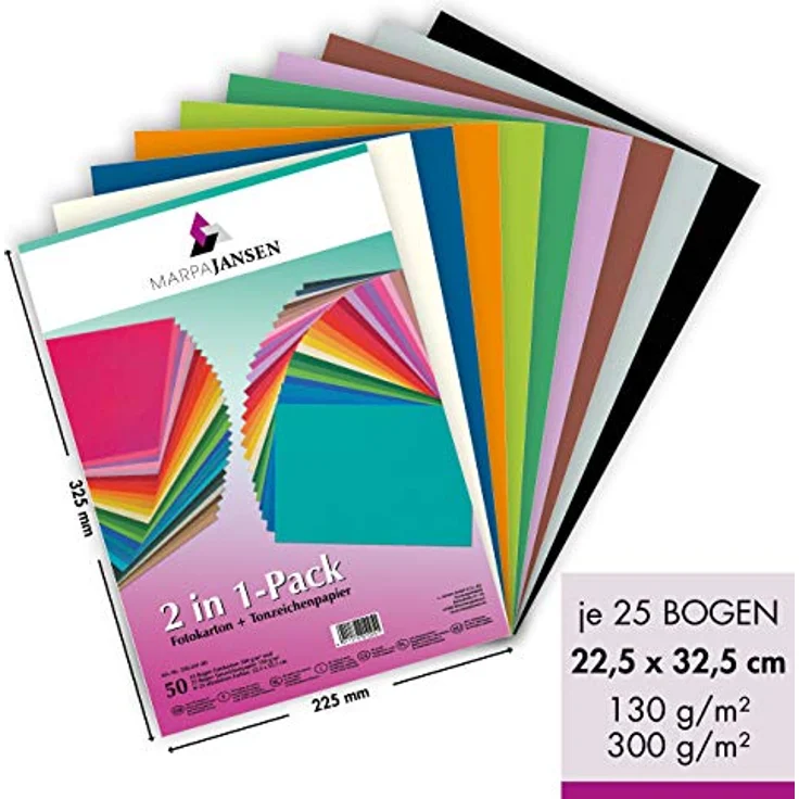 MARPAJANSEN 2in1-Pack, 50 Bogen, 25 Farben, 22,5 x 32,5 cm, Fotokarton 300 g/m² & Tonzeichenpapier 130 g/m², verschiedene Bastelpapiere – Bild 2