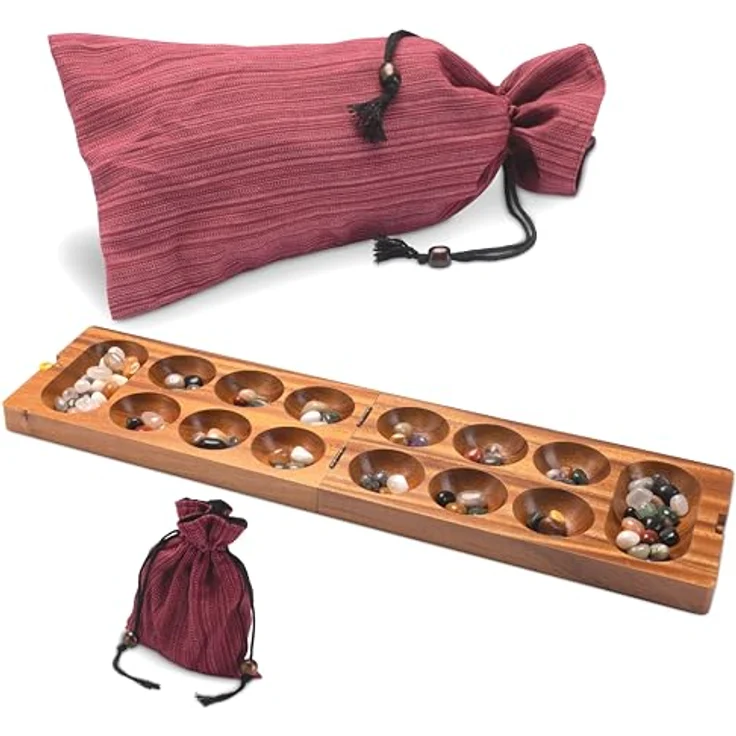 LOGOPLAY Kalaha Spiel für 2 Spieler, Strategiespiel mit Stoffbeutel, 75 Edelsteine, Spielfeld 14 x 49 cm aus Samena-Holz – Bild 2