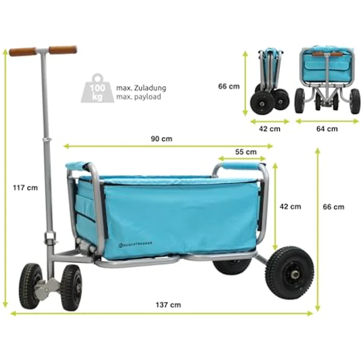 Beachtrekker Life Faltbarer Bollerwagen + Feststellbremse, klappbarer Handwagen (Luftreifen, Himmelblau) - Preisvergleich – Bild 3