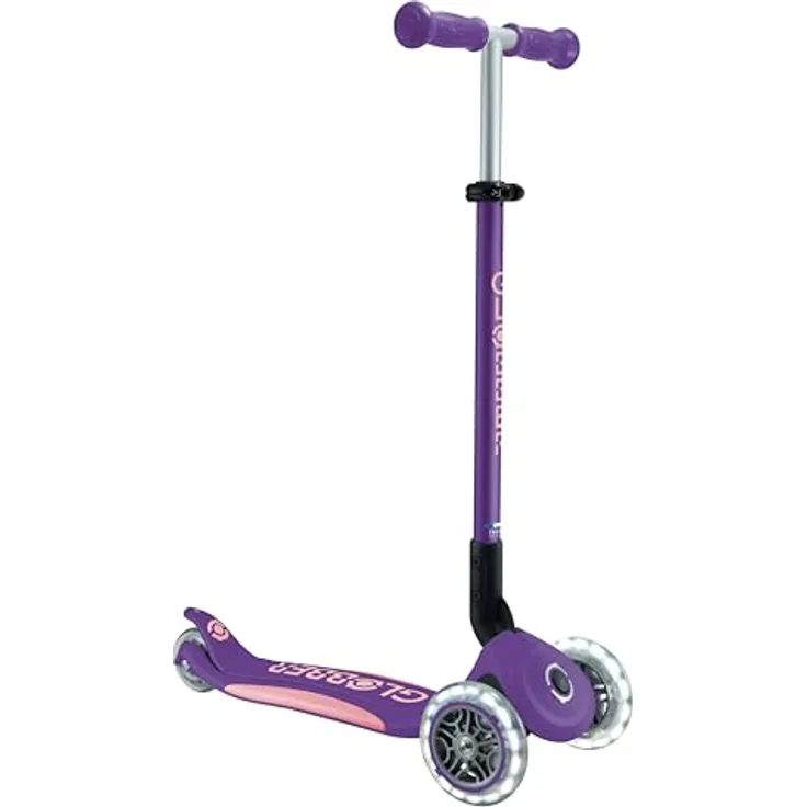 Authentic Sports Globber Primo Foldable Plus Light, Kinder-Scooter lila-pastellrosa mit LED-Leuchtrollen und Klappmechanismus
