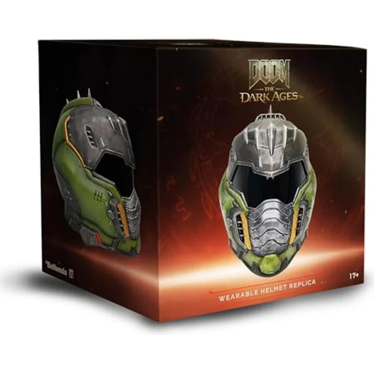 DPI Merchandising DOOM: The Dark Ages Helm-Replik-Bundle, tragbare Helmreplika mit LED-Lichteffekten, inklusive blauer Schlüsselkartenreplika und 3 gewebten Aufnähern – Bild 2