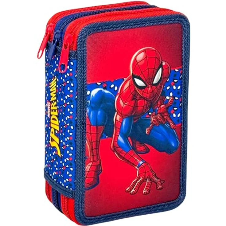 Clondo 3-Fach Federmäppchen für Spiderman Fans, 44-teilig, mit Stiften, Buntstiften und Schere, offizielles Gadget für Grundschule und Geschenke – Bild 1