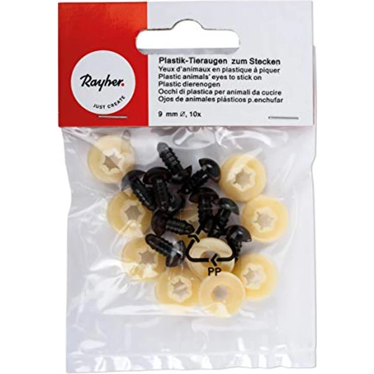 Rayher Kunststoff Sicherheitsaugen 9 mm ø, 10 Stück, dunkelbraun, zum Stecken mit Unterlegscheiben, für Teddybären und Puppen – Bild 3