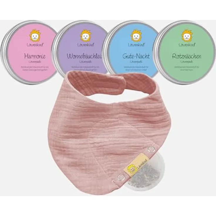 Löwenkind Baby Startklar-Set, 4x5 natürliche Kräuterpads für Erkältungszeit, Zahnen, Schlafprobleme und Bauchbeschwerden, Musselin-Halstuch aus 100% Bio-Baumwolle (Altrosa)