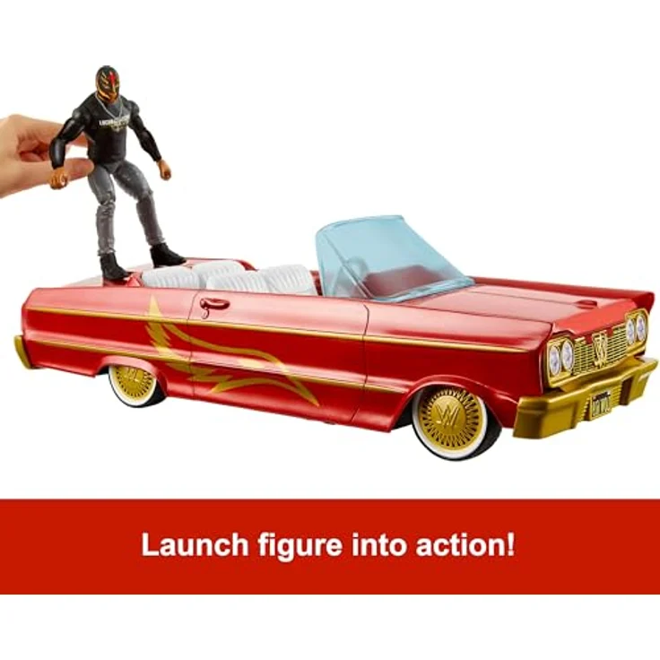 Mattel WWE Lucha Low Rider Fahrzeug-Actionfigur mit Rey Mysterio, Hydraulik-Action und Abschuss-Mechanismus, Mehrfarbig – Bild 3