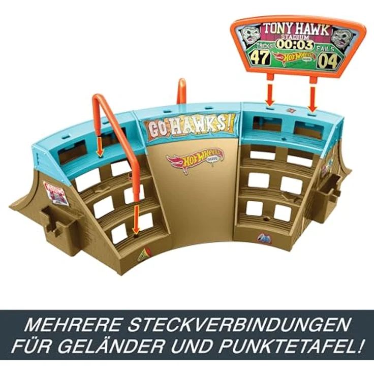 Hot Wheels Skate Stadion-Set mit exklusivem Fingerboard, das in Zusammenarbeit mit Tony Hawk entworfen wurde, 1 Paar abnehmbare Skate-Schuhe, Spielzeugaufbewahrung für Finger-Skateboards - HPG34 – Bild 5