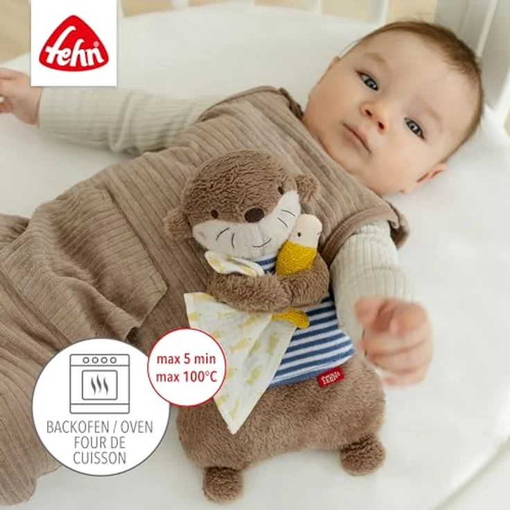 Fehn Wärmetier Otter - Körnerkissen mit entnehmbarem Wärme- / Kältesäckchen, geeignet für Babys und Kleinkinder, Plüsch/Strick, 26 cm, waschbar bei 30°C, Otter-Hülle in gestreiftem Strick/Musselin – Bild 3