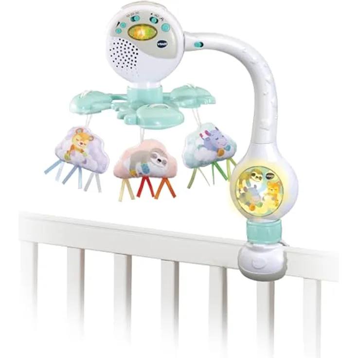 VTech Wolken-Mobile mit sanftem Nachtlicht, Geräuschsensor und 3 Plüschwolken für Babys von 0-2 Jahren