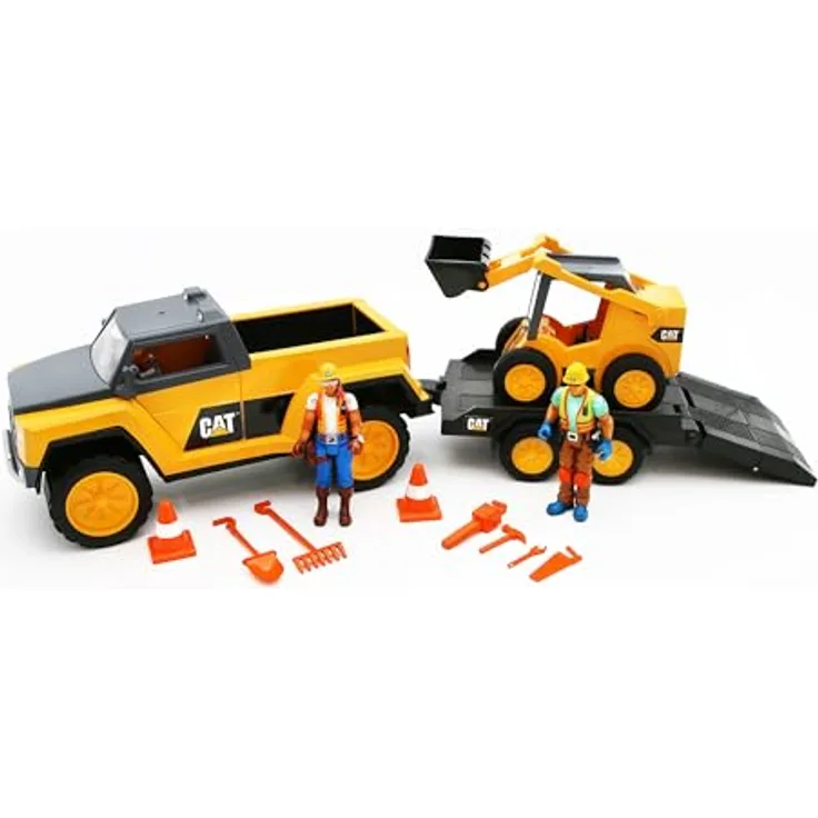 Polesie CAT Workforce Skid Steer & Pickup Crew Set, 15-teiliges Spielzeugauto mit beweglichen Figuren und Werkzeugen
