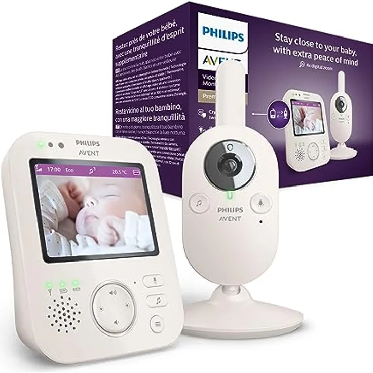 Philips Avent Babyphone mit Kamera Premium – sicheres Video Babyphone, 3,5 Zoll Bildschirm, 4-Fach Zoom, Nachtsicht, Gegensprechfunktion, Schlaflieder, Raumtemperatur, Baby Monitor (Model SCD891/26)