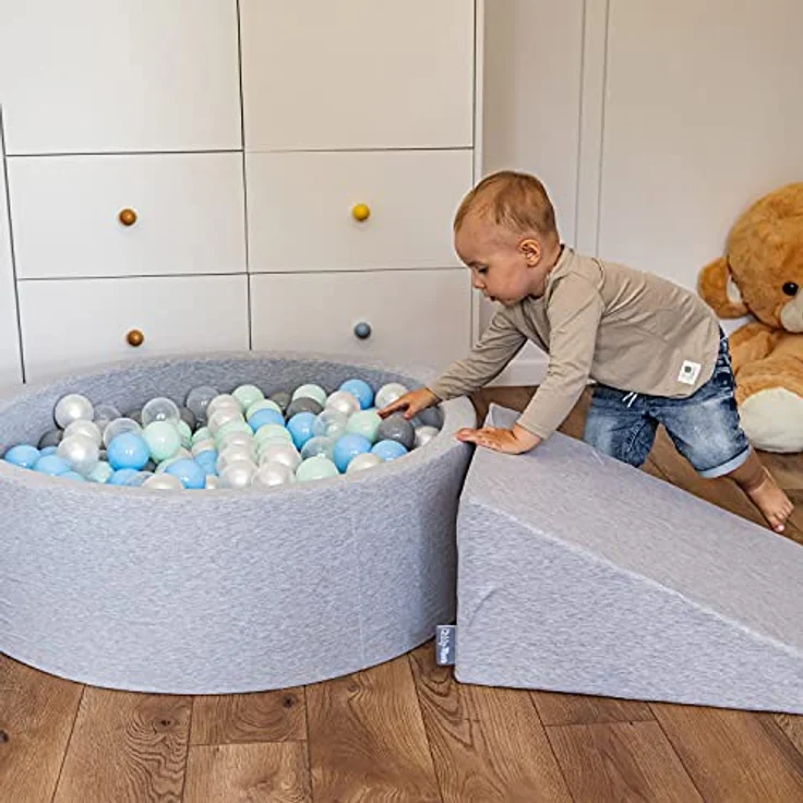 KiddyMoon Bällebad 120X30cm/200 Bälle Rund Groß Bällepool Mit Bunten Bällen Für Babys Kinder, Dunkelgrau:Weiß-Grau-Schwarz-Gold – Bild 4