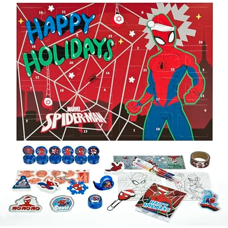 UNDERCOVER Spielzeug-Adventskalender Spider-Man 2025, 24-tlg. mit Schreibwaren und Spielsachen für Kinder ab 3 Jahren, weihnachtliches Design