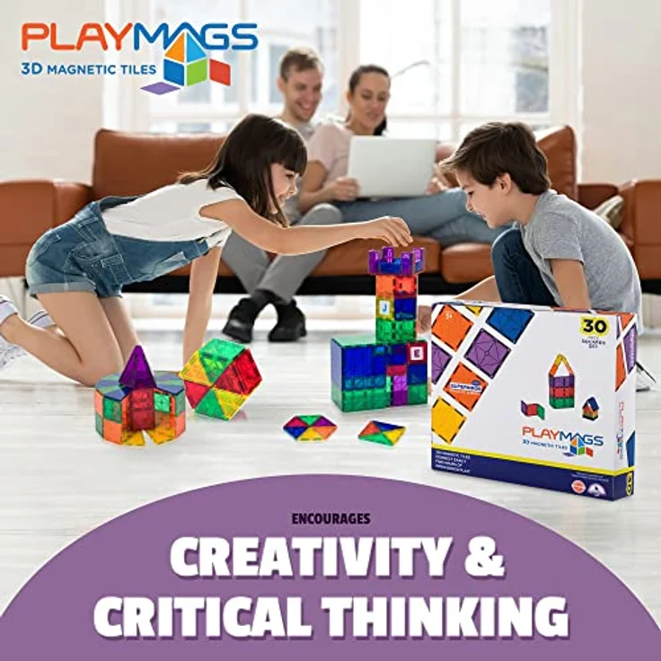 Playmags Starter Kit - 30 Stück Squares Set: Jetzt mit stärkeren Magneten, Robust, Super-Durable Magnetic Fliesen mit Vivid Farben entfernen STEM Spielzeug für Kinder – Bild 4