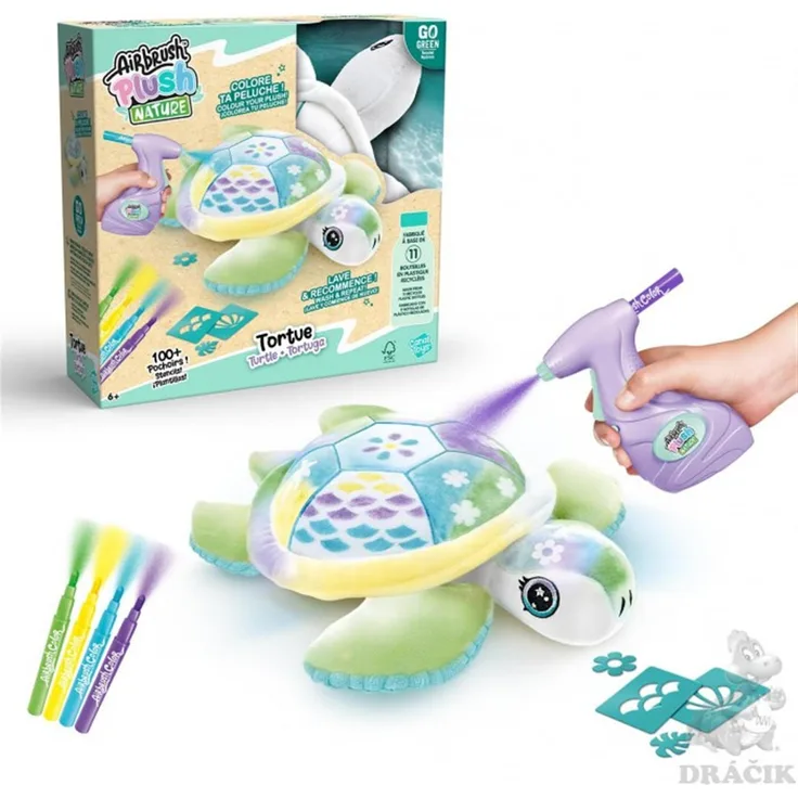 Canal Toys Airbrush Plüsch Schildkröte, Kreatives Bemal-Set für Kinder ab 6 Jahren mit Airbrush, 4 Farben und 120 wiederverwendbaren Schablonen
