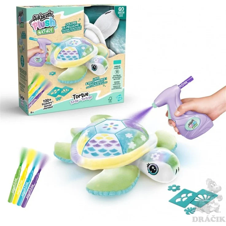 Canal Toys Airbrush Plüsch Schildkröte, Kreatives Bemal-Set für Kinder ab 6 Jahren mit Airbrush, 4 Farben und 120 wiederverwendbaren Schablonen