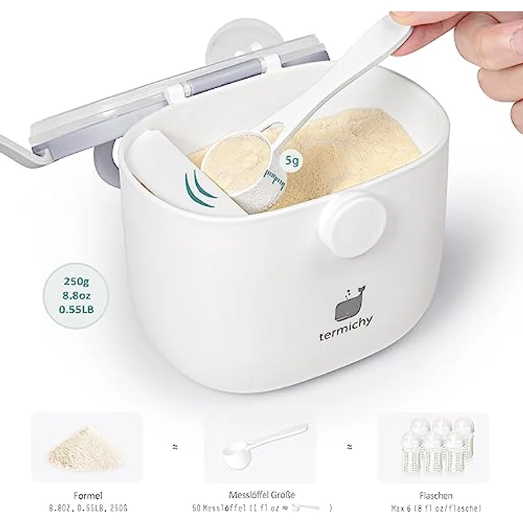 Milchpulver Portionierer baby, Termichy Milchpulver-Spender, 250g luftdichter tragbarer Milchpulver-Behälter für Reisen, mit Schaber und Löffel (Grau&weiß,1 Stück) – Bild 2