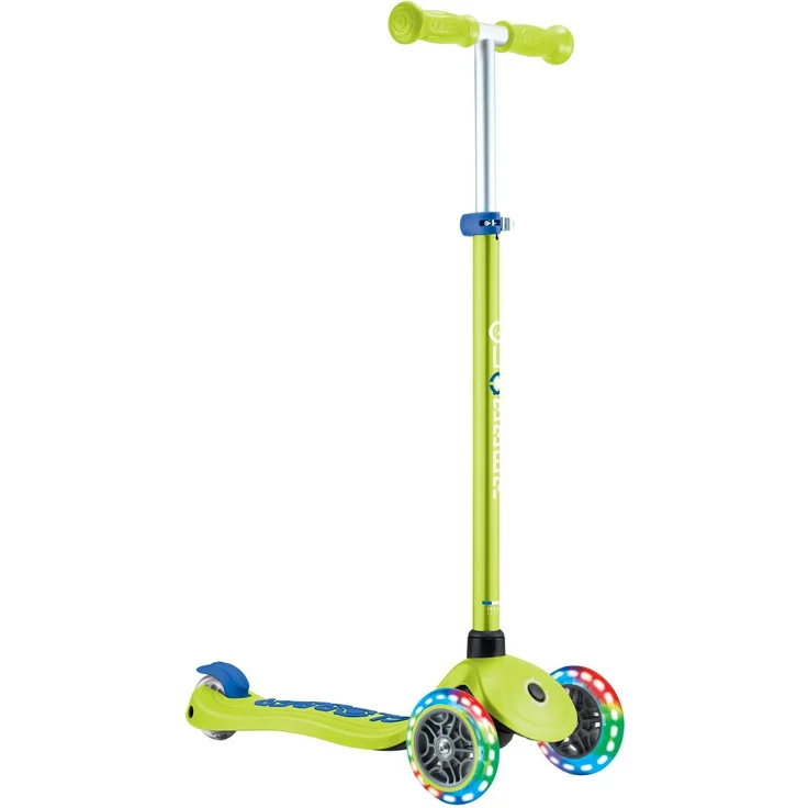 GLOBBER PRIMO PLUS LIGHTS, Tretroller für Kinder mit 120/80mm PU-Rollen, ABEC 9 Kugellager, 3-rädrig, höhenverstellbar von 68-83 cm, LED-Leuchtrollen, lime grün