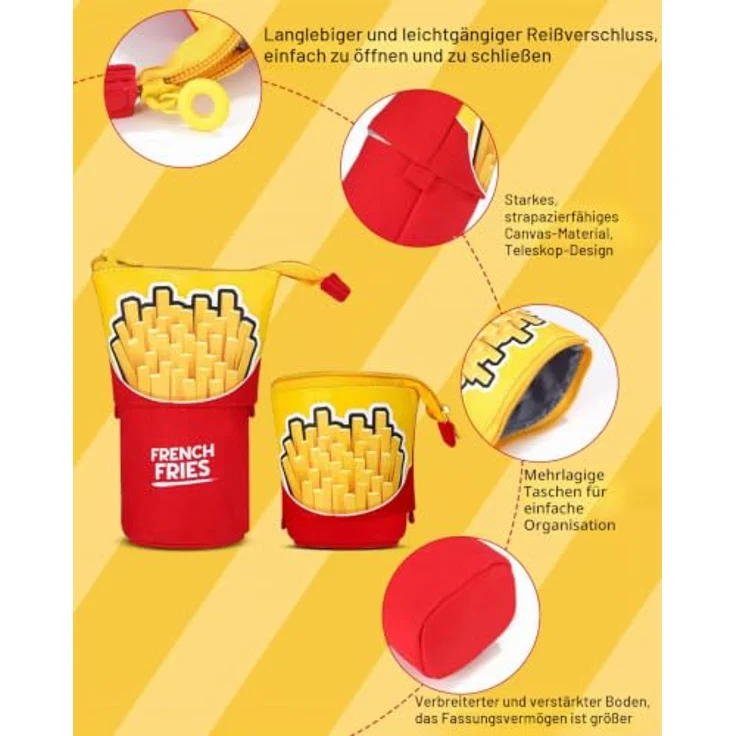 Xespis Teleskopisches Federmäppchen Reißverschluss, geräumig und multifunktional mit Cartoon-Design (Fritten) – Bild 3