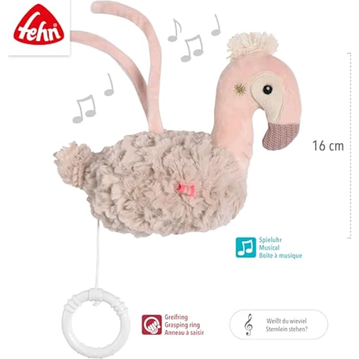 Fehn Spieluhr Flamingo, Kuscheltier & Einschlafhilfe mit Melodie "Weißt du wieviel Sternlein stehen", für Babys ab 0+ Monaten, maschinenwaschbar bei 30°C, Größe ca. 16 cm – Bild 5