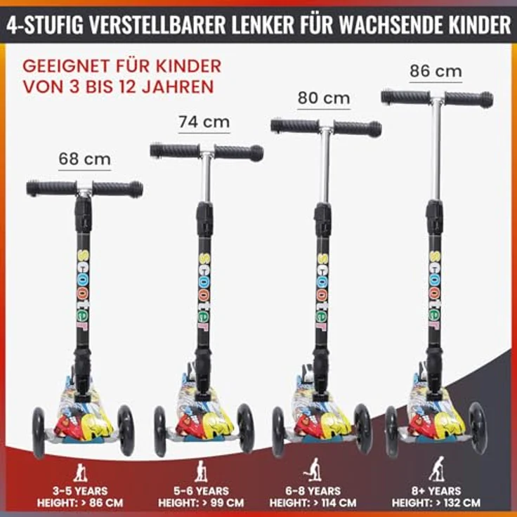 Europebazar Habib Kinderroller Metall-Roller 3-Rad, klappbar mit LED Licht, bis 50kg, Schwarz – Bild 4