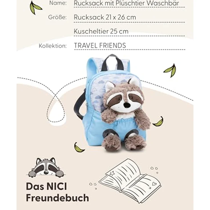 NICI Rucksack mit Plüschtier Waschbär 25 hellblau, Kinder-Rucksack mit integrierter Sitztasche – Bild 5