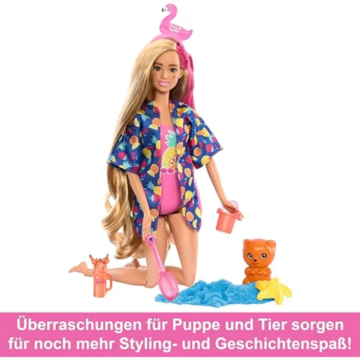 Barbie Anziehpuppe Pop! Reveal, Tropical Smoothie - Parfümierte Puppe mit Farbwechsel-Make-up, inklusive Squishy-Tier und formbarem Sand – Bild 5