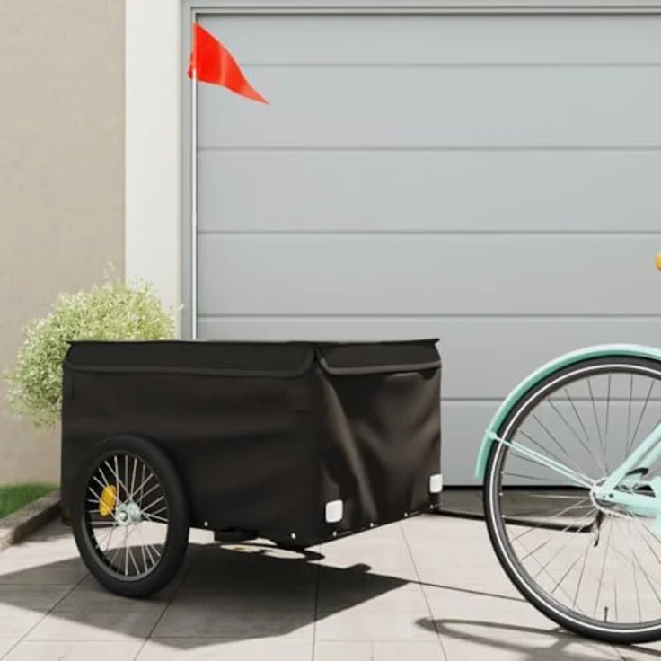 vidaXL Fahrradlastenanhänger Lastenanhänger für Fahrrad Schwarz 45 kg Eisen mit Deichsel und Sicherheitsflagge – Bild 2