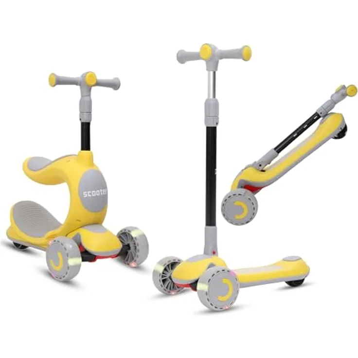 Habib Gruppe 3-in-1 Kinderroller Dreirad mit Sitz, höhenverstellbar und faltbar, LED Räder, sicher und robust, ideal für Jungen & Mädchen von 2 bis 10 Jahren - Gelb