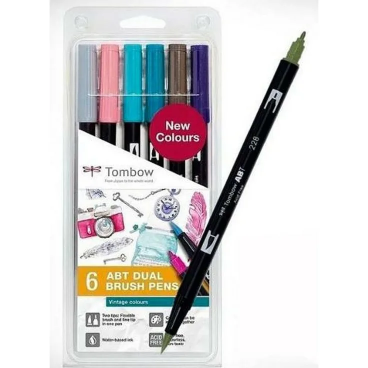 TOMBOW Filzstift, Filzstifte Tombow ABT DUAL Bunt, Feine Spitze, Tinte auf Wasserbasis, 6 Stück