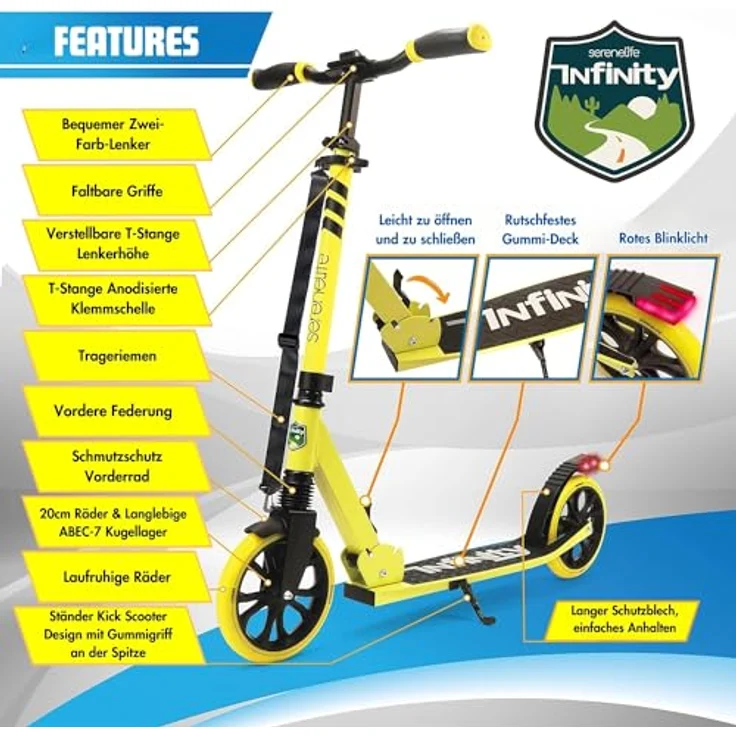 Hurtle SereneLife Roller, klappbarer Tretroller für Kinder & Erwachsene, höhenverstellbar, Big Wheel Scooter bis 120 kg, schwarze Variante – Bild 2