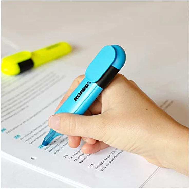 Kores TM36160 Textmarker 6er Set, 6 Farben (gelb/grün/orange/pink/rot/blau), wasserbasierte Tinte, auslaufsicher, abgerundete Form – Bild 5