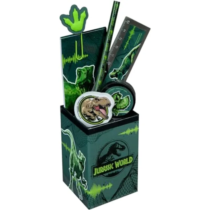 Jurassic World Gefüllter Stifthalter Set, 7-teilig mit Dinosaurier-Motiven, inklusive Stifte und Radiergummi