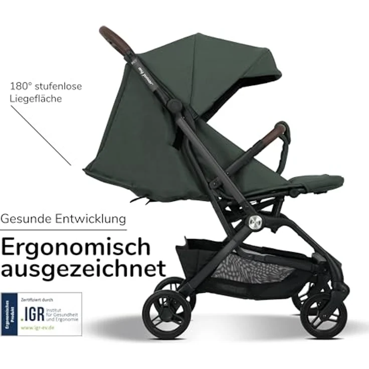 my junior® Buggy PICO² | bis 22kg | Einhand AutoFold-Klappmechanismus | Ergonomische Liegeposition nach IGR e. V. | großes Sonnenverdeck UV50+ | Handgepäckmaß | 2 Belüftungsfenster - Sage Green – Bild 4