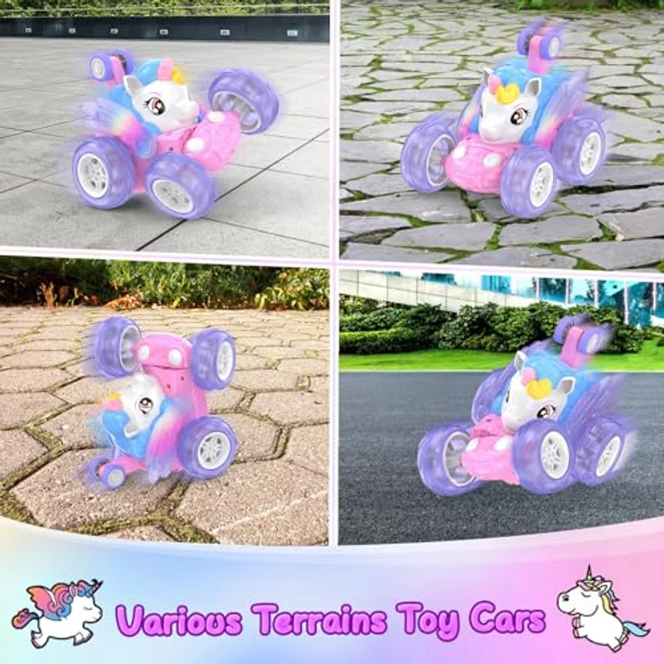 FUIOCOCP Ferngesteuertes Einhorn Auto, 2.4GHz RC Stunt Monstertruck mit Leuchtenden Flügeln, für Kinder ab 3 Jahren, Rosa – Bild 5