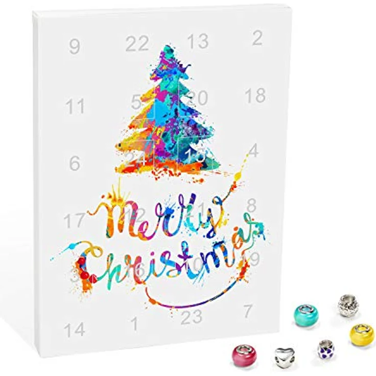VALIOSA Merry Christmas Mode-Schmuck Adventskalender mit Halskette, Armband + 22 individuelle Glas & Metall Perlen-Anhänger, bunt, 24-teilig – Bild 1