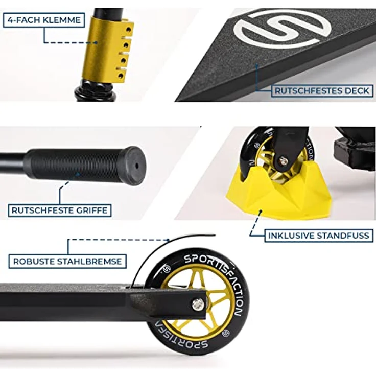 Sportisfaction Stuntscooter Gold, Profi Roller mit ABEC11 Kugellagern, 4-fach Klemme, robustes Alu-Deck 50x11cm, belastbar bis 100kg – Bild 2