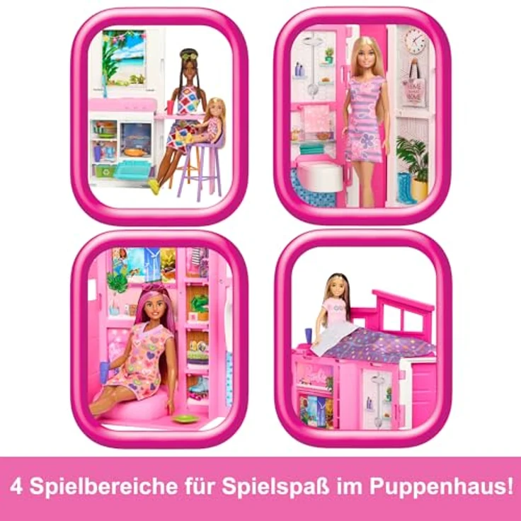 Barbie Barbie-Puppenhaus Spielset, Ferienhaus mit 4 Spielbereichen, inkl. Küche, Badezimmer, Schlafzimmer und Lounge, 11 Deko-Zubehörteile, HRJ76 – Bild 5