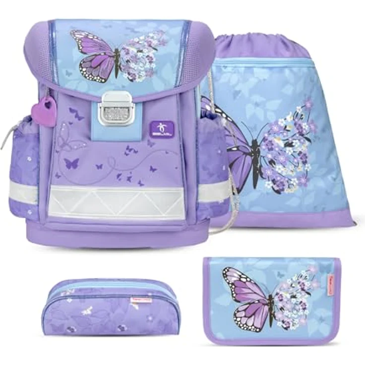 Belmil Classy Schulranzen Set 4-teilig (403-13/AG/S), ergonomisch, wasserdicht, Gewicht 930-990 g, Purple Blue Butterfly – Bild 1