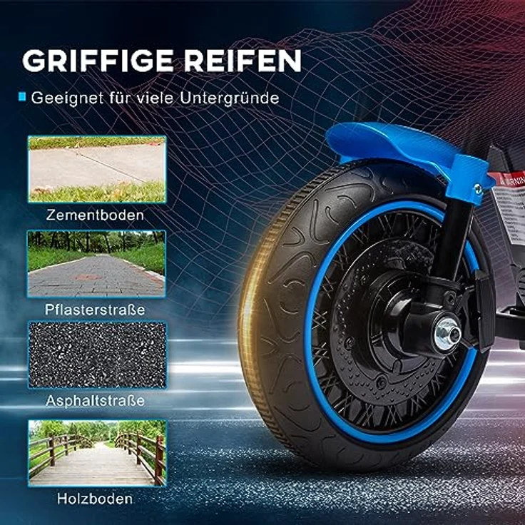 HOMCOM Elektro-Kindermotorrad Kinderfahrzeug mit 2 abnehmbaren Stützrädern Blau, Belastbarkeit 25 kg, 76L x 42B x 57H cm - Preisvergleich – Bild 6