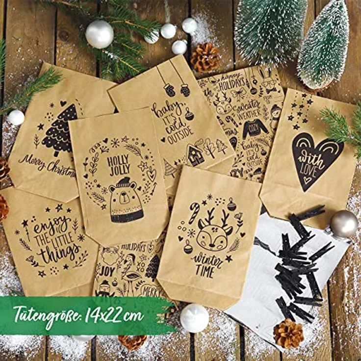 PAPIERDRACHEN Extravaganter Adventskalender zum Befüllen - mit 24 braunen Geschenktüten und 24 Zahlenaufklebern - Motiv Kindermotiv 1 - zum Basteln und Verschenken - Weihnachten & Advent – Bild 3