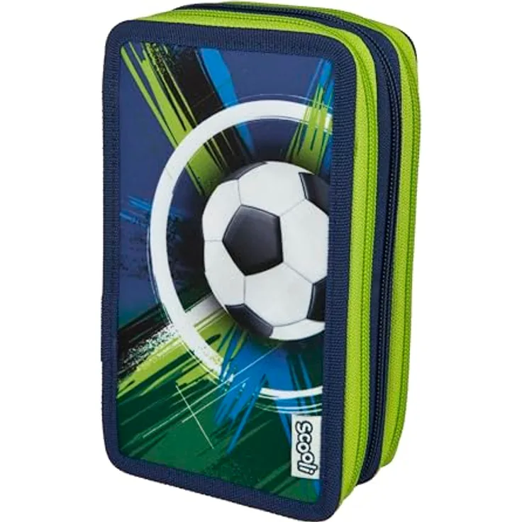 Scooli Tripledecker Soccer Champ, Gefülltes Schüleretui mit 21 Buntstiften, Ergonomisches Design, Robuste Ausführung, Ideal für Schule und Freizeit, ab 6 Jahren