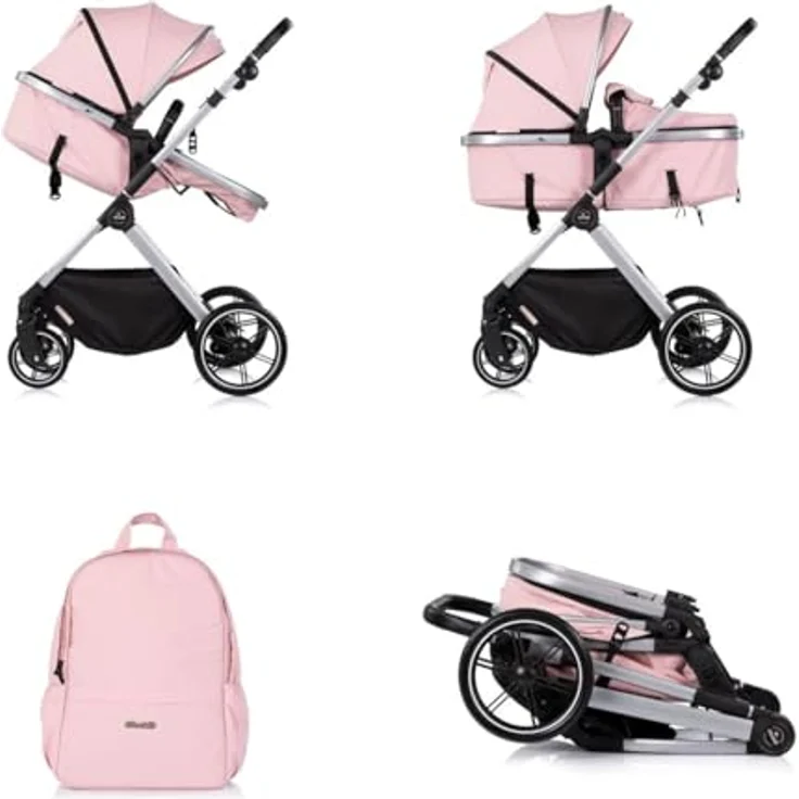 Chipolino Kombikinderwagen Pearl 2 in 1, umbaubar mit Rucksack, Fußsack und Federung, rosa – Bild 4