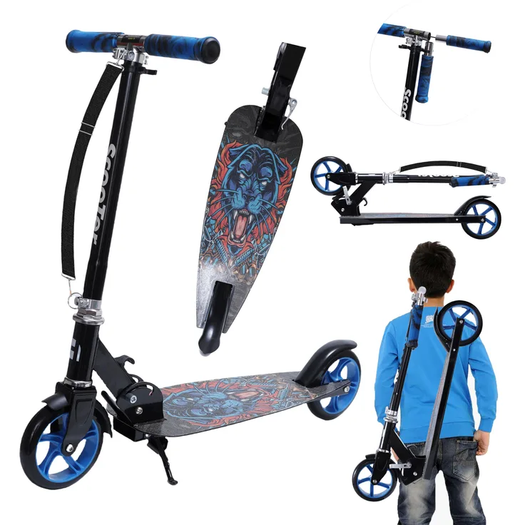 Europebazar Habib Cityroller für Jugendliche, Faltbar bis 100kg belastbar, Extra breites Deck, Höhenverstellbar, Blau