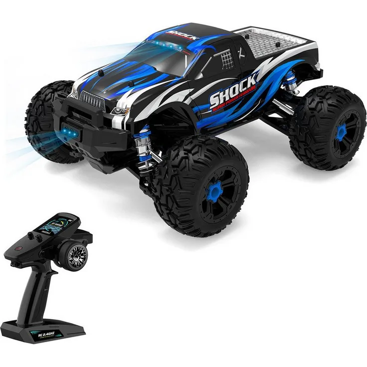 Esun RC-Auto 1:16 Offroad, 40km/h All Terrain RC Car (Set, Komplettset) - 2,4 GHz Fernsteuerung - LED-Leuchten - 7.4V 1500 mAh Li-ion Akku - Wasserfester ESC - Monster Truck (Schwarz) - Preisvergleich