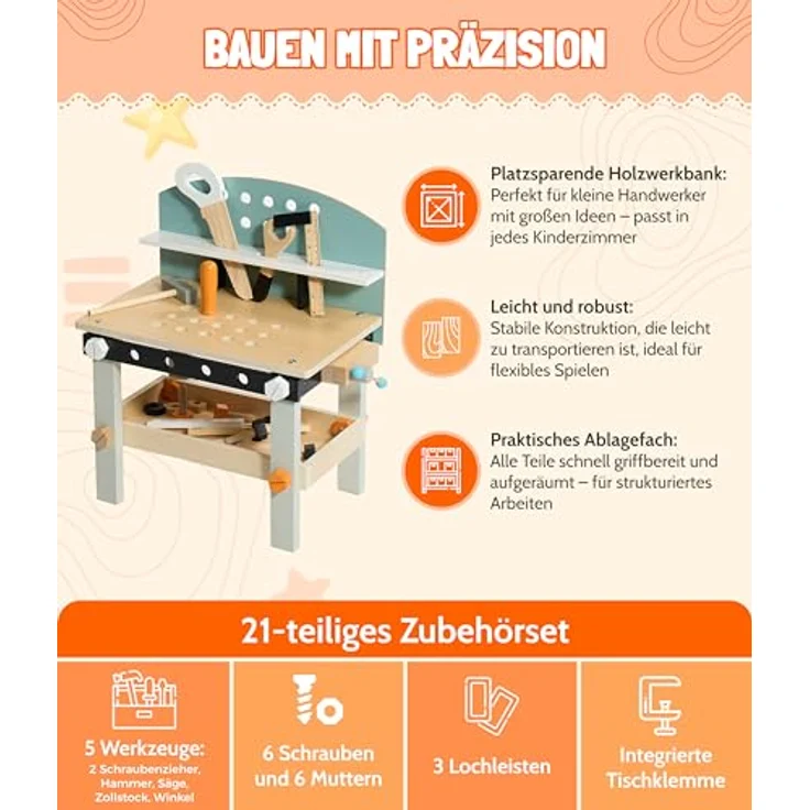 CHIC2000 Spielwerkbank, klein, mint, mit 21-teiligem Zubehör und Stauraum, ideal für kleine Handwerker – Bild 3