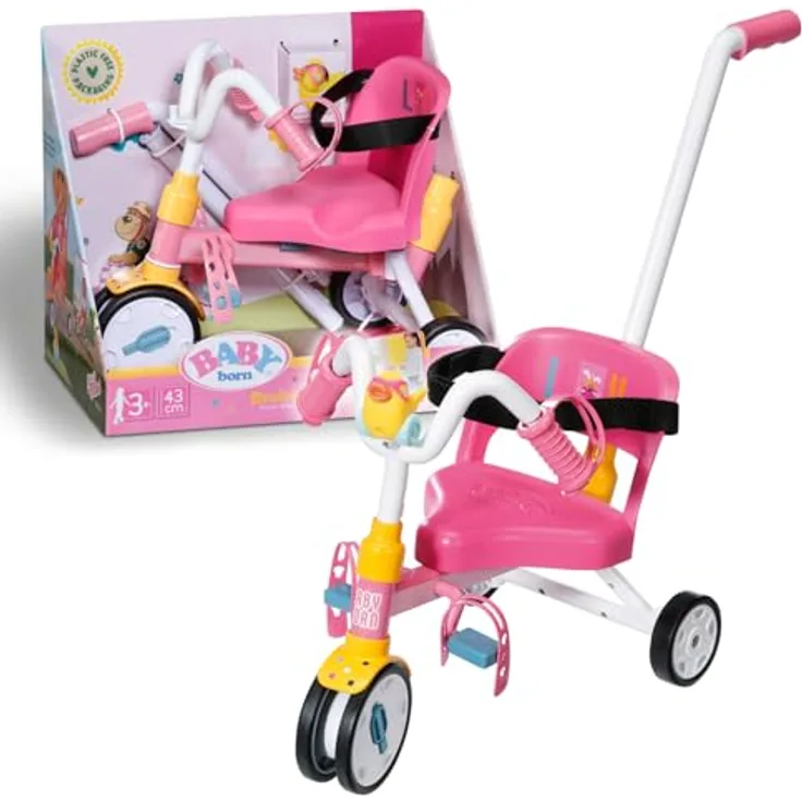BABY Born Dreirad mit Lenkstange, Trike mit funktionsfähigen Rädern, für 36 cm und 43 cm Puppen, pink/weiß/gelb