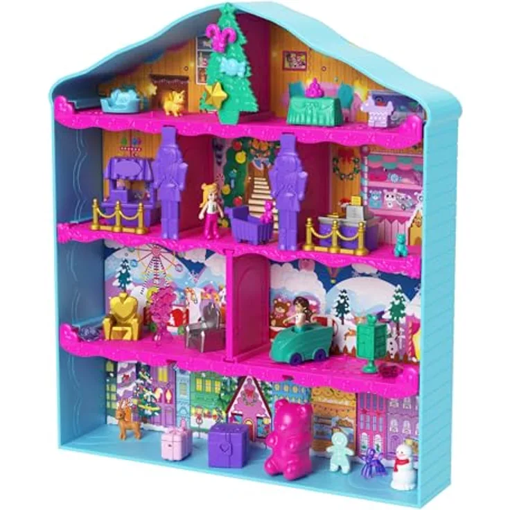 Polly Pocket Adventskalender mit Lebkuchenhaus-Spielset, 24 Überraschungen, Puppenhausmöbel, Spielzeugauto, Weihnachtszubehör, HWP33 - Preisvergleich