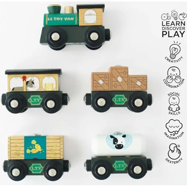 Le Toy Van Great Green Train, handgefertigter Güterzug aus Gummibaumholz mit Magnetteilen, grün – Bild 4