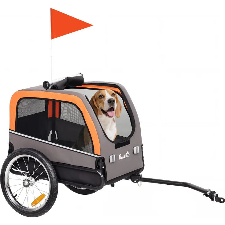 PawHut Hundeanhänger Faltbarer Fahrradanhänger für Hunde bis 20 kg, grau/orange/schwarz, mit Sicherheitsreflektoren und 2 Reißverschlusstüren