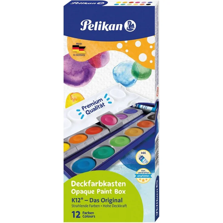 Pelikan K12 Aquarell-Farbkasten, 12 wasservermalbare Farben inklusive chinesischem Weiß, robustes Klick-Gehäuse